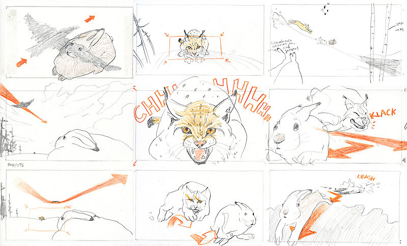 Luchs jagt Schneehase. Auszug aus Storyboard.