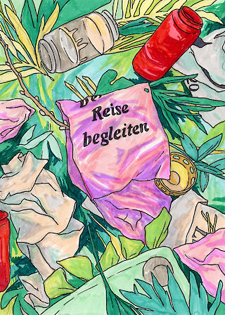 Trauerschleife in einem Abfallbehälter auf dem Waldfriedhof Lauheide bei Münster (Westfalen).