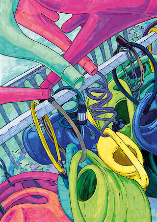 Versorgte Gießkannen auf den Friedhöfen am Halleschen Tor, Berlin.