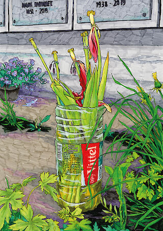 Blumenstrauß vor dem Kolumbarium am Friedhof Eichbühl, Zürich.