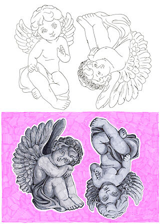 Prozessbild: Vorzeichnung und fertiges Bild von Grabengeln vom Parkfriedhof Neukölln.