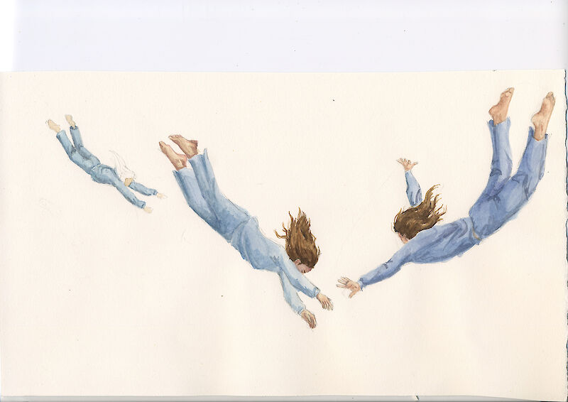 Aquarell, Person im Flug in verschiedenen Positionen.