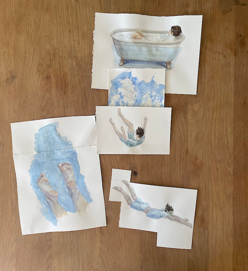 Aquarellbilder, die später digital zusammengesetzt werden.