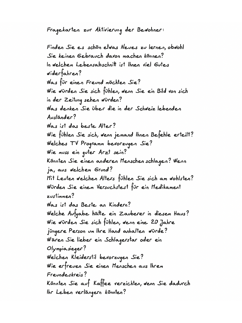 Fragekarte zur Aktivierung der Bewohner.