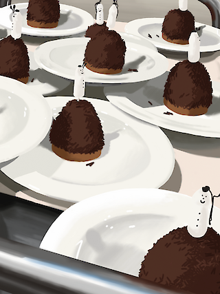 Farbiges Gemälde – Dessert am Sächsilüüte. Der Böög auf dem Dessert sorgte bei den Bewohnern für Verwirrung. Ist er essbar, ist er eine Kerze oder doch nur Dekoration?