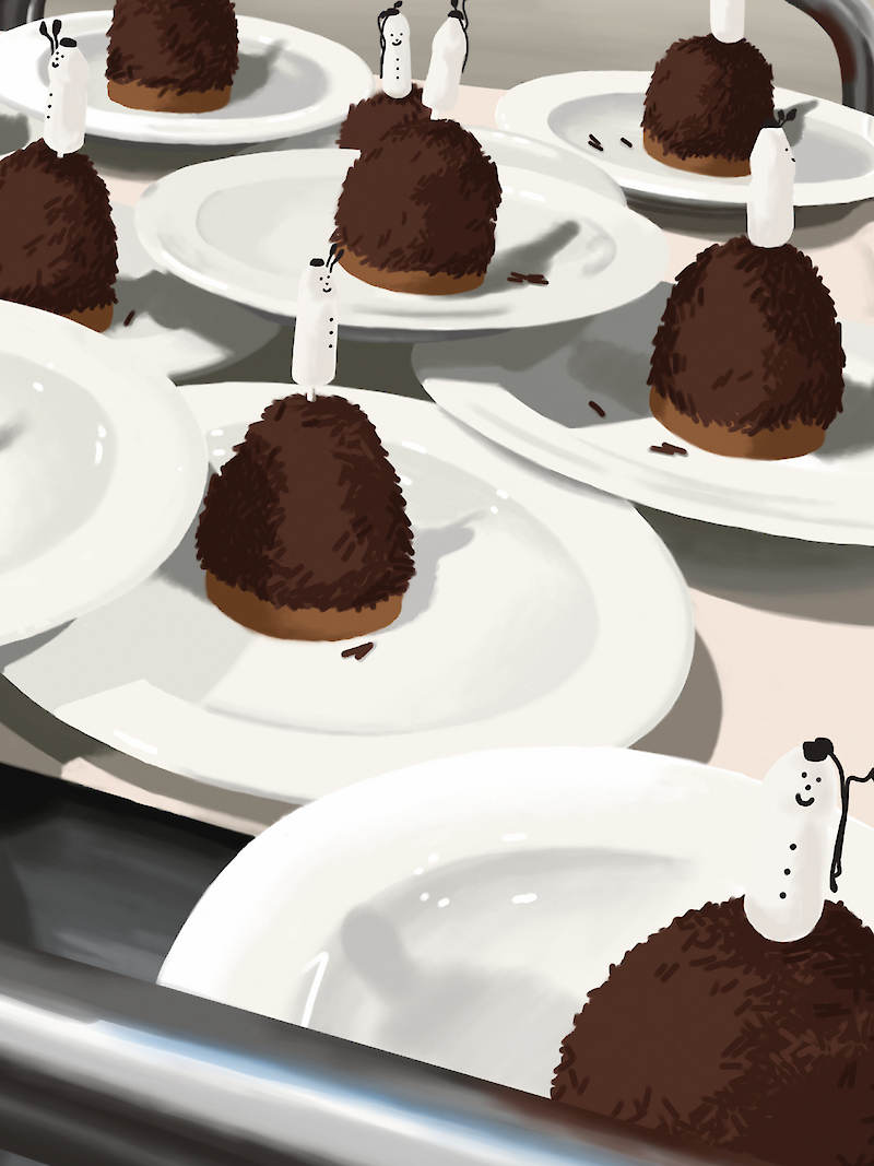 Farbiges Gemälde – Dessert am Sächsilüüte. Der Böög auf dem Dessert sorgte bei den Bewohnern für Verwirrung. Ist er essbar, ist er eine Kerze oder doch nur Dekoration?
